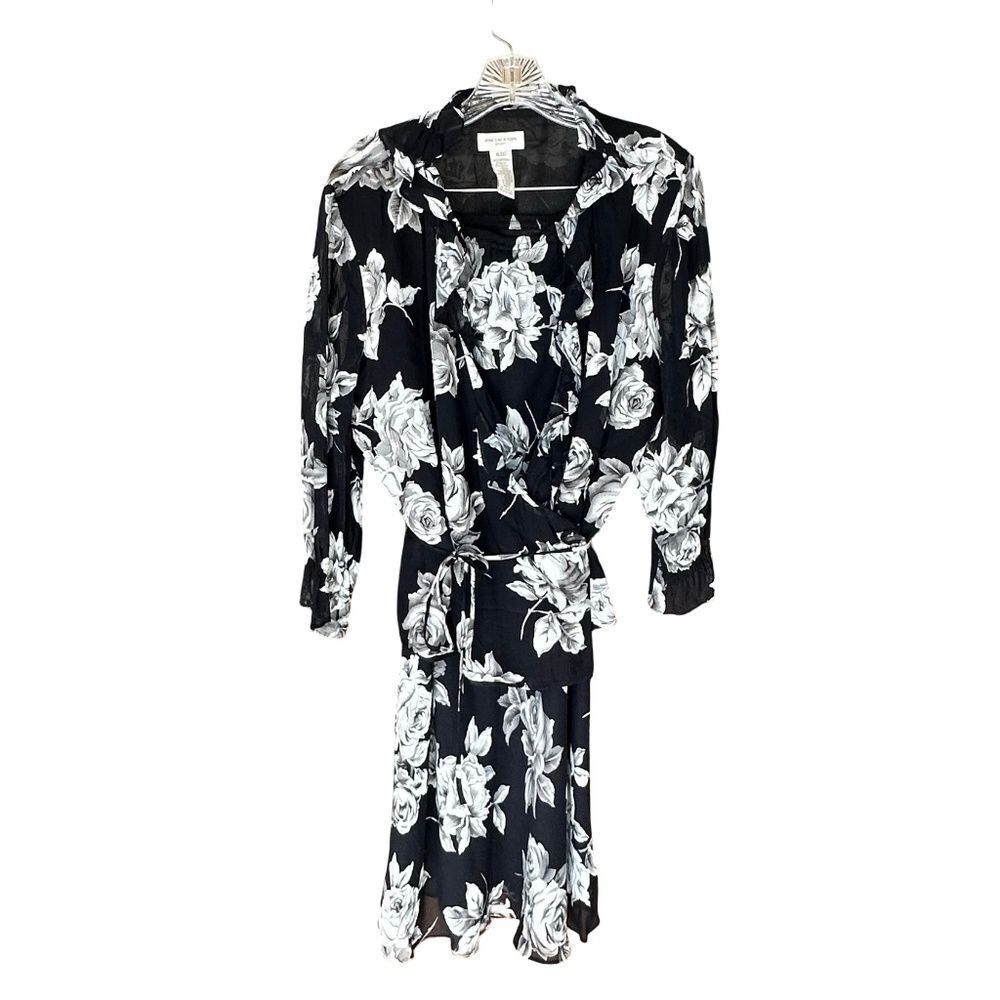 Jones New York  2Pc Skirt Blouse Set Lightweight Sheer Lined Black/White XL-14